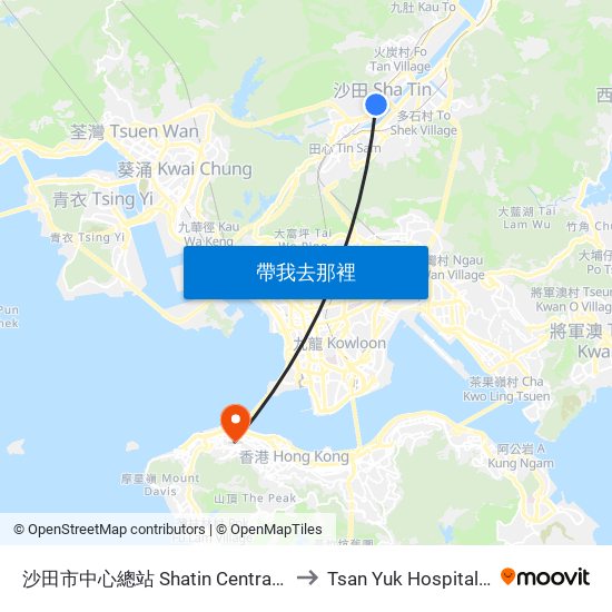 沙田市中心總站 Shatin Central Bus Terminus to Tsan Yuk Hospital 贊育醫院 map