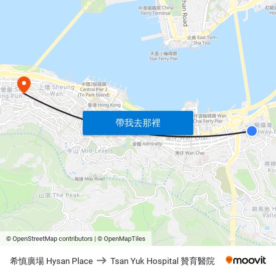 希慎廣場 Hysan Place to Tsan Yuk Hospital 贊育醫院 map