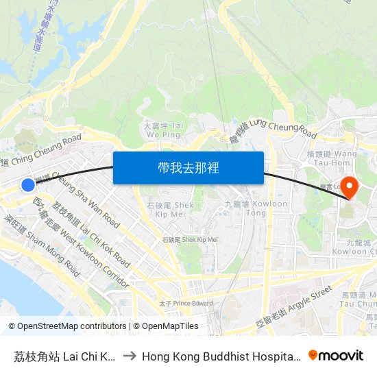 荔枝角站 Lai Chi Kok Station to Hong Kong Buddhist Hospital 香港佛教醫院 map