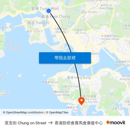 眾安街 Chung on Street to 香港防癌會賽馬會康復中心 map