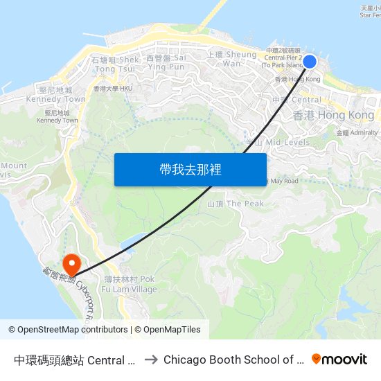 中環碼頭總站 Central (Ferry Piers) Bus Terminus to Chicago Booth School of Business Hong Kong campus map