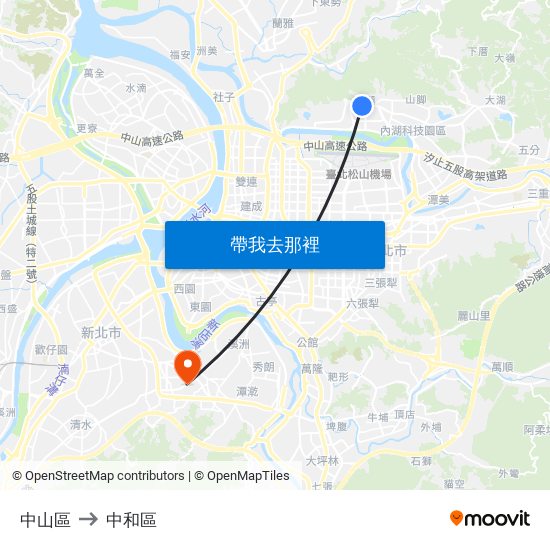 中山區 to 中和區 map