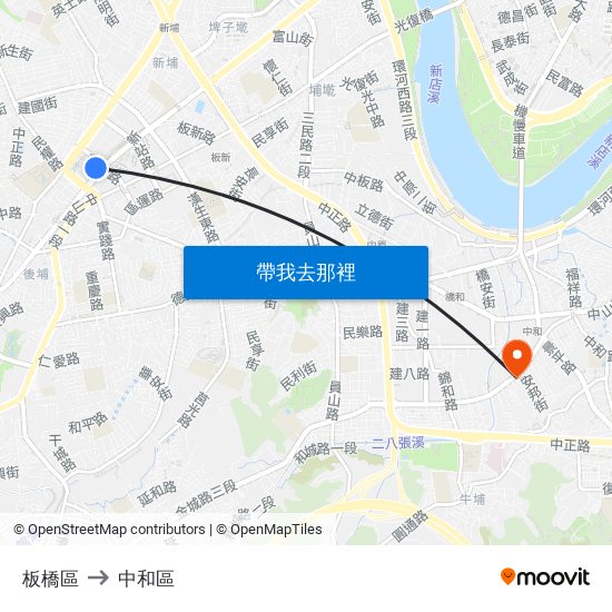 板橋區 to 中和區 map