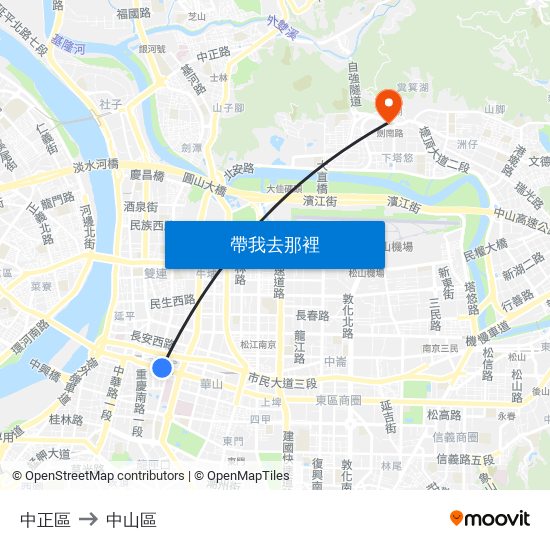 中正區 to 中山區 map