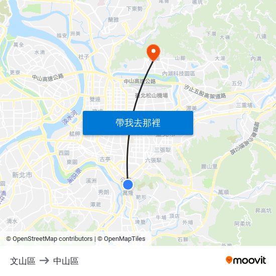文山區 to 中山區 map