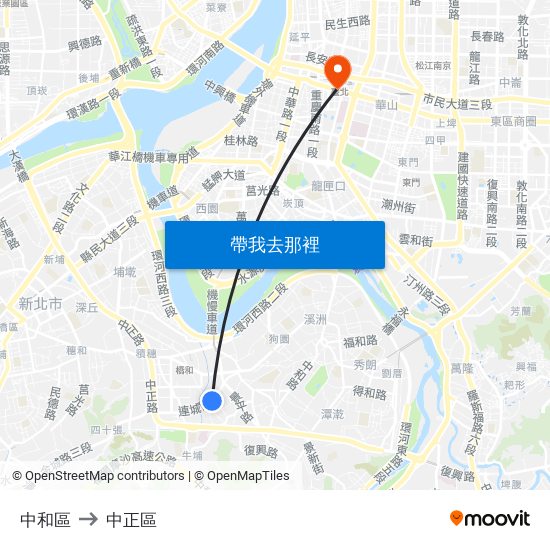 中和區 to 中正區 map