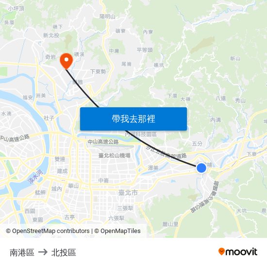 南港區 to 北投區 map