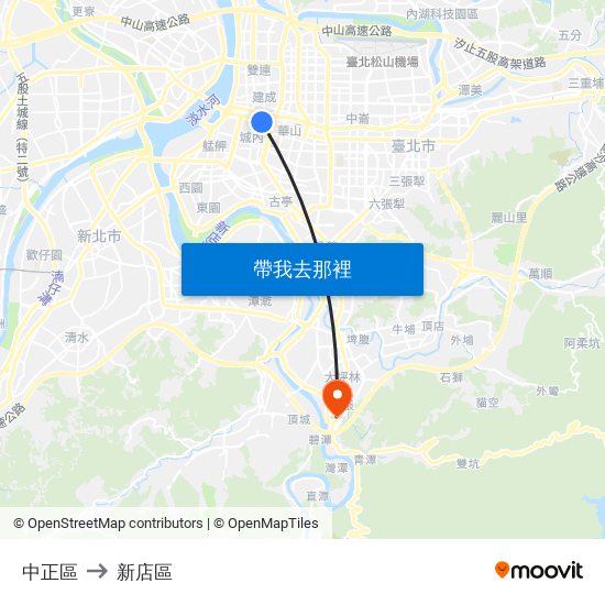 中正區 to 新店區 map