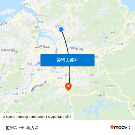 北投區 to 新店區 map