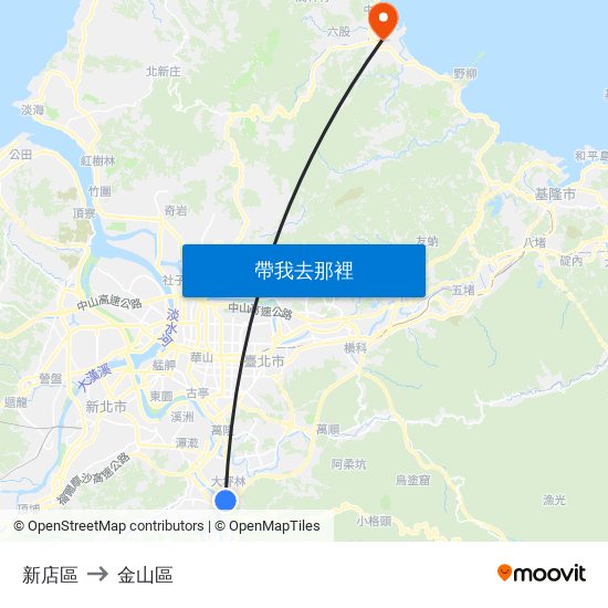 新店區 to 金山區 map