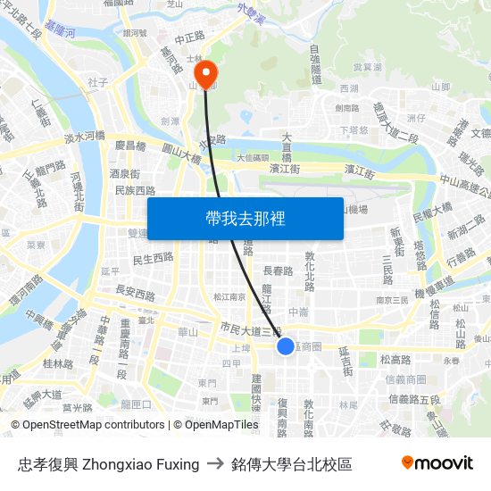 忠孝復興 Zhongxiao Fuxing to 銘傳大學台北校區 map