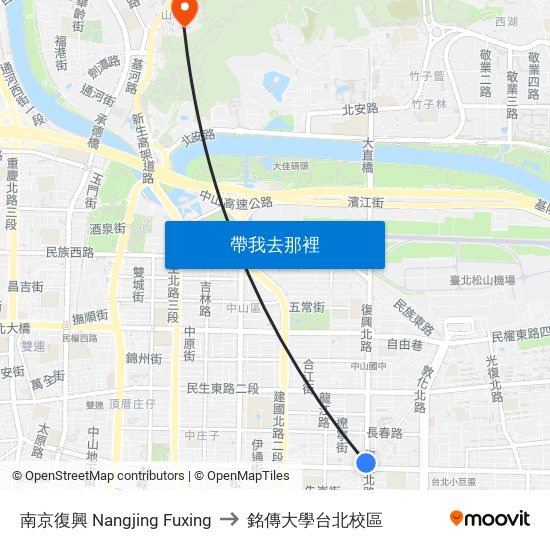 南京復興 Nangjing Fuxing to 銘傳大學台北校區 map
