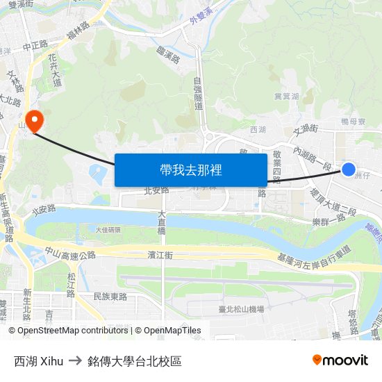 西湖 Xihu to 銘傳大學台北校區 map