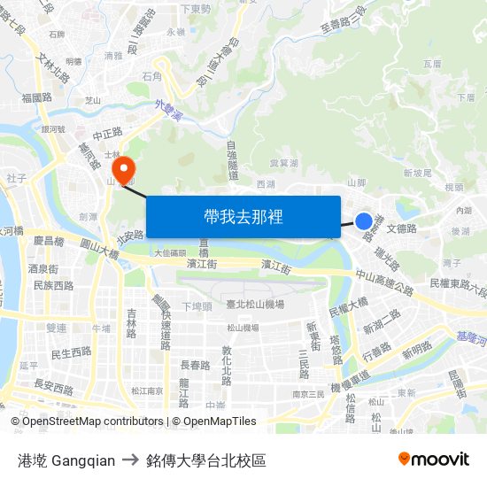 港墘 Gangqian to 銘傳大學台北校區 map