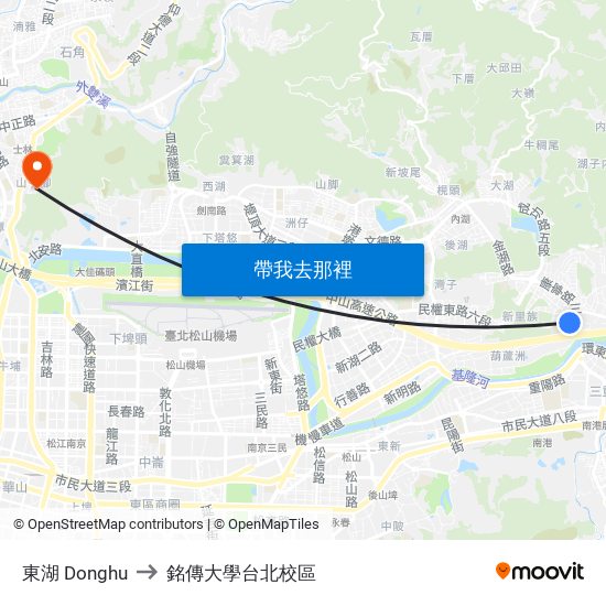 東湖 Donghu to 銘傳大學台北校區 map