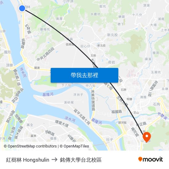 紅樹林 Hongshulin to 銘傳大學台北校區 map