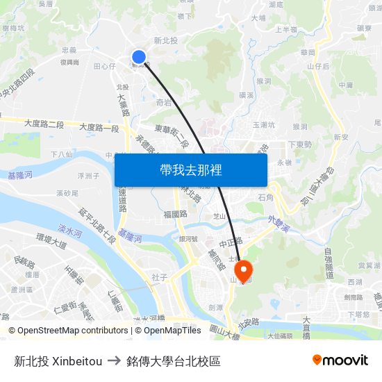 新北投 Xinbeitou to 銘傳大學台北校區 map