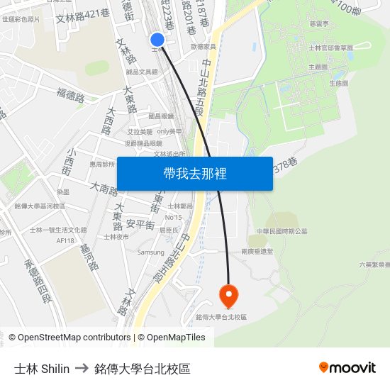 士林 Shilin to 銘傳大學台北校區 map