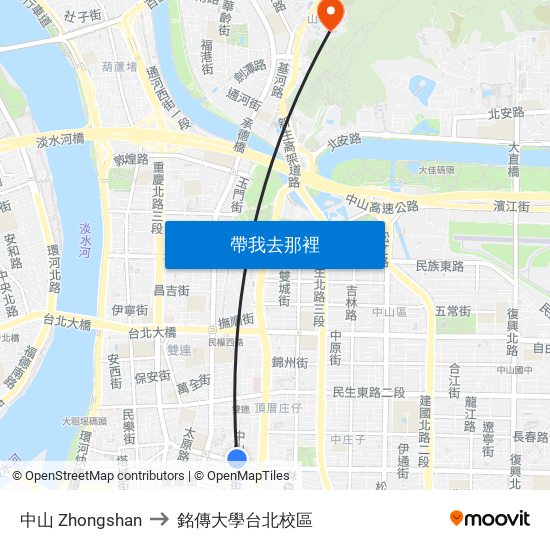中山 Zhongshan to 銘傳大學台北校區 map