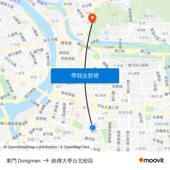 東門 Dongmen to 銘傳大學台北校區 map
