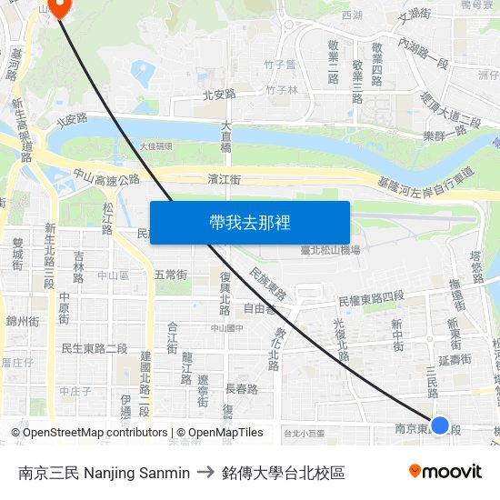 南京三民 Nanjing Sanmin to 銘傳大學台北校區 map
