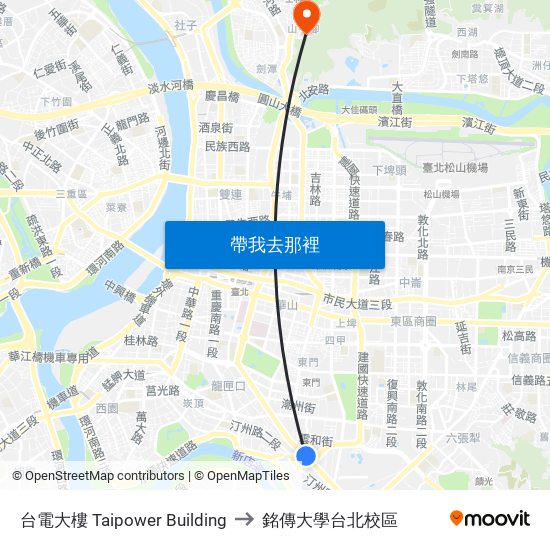 台電大樓 Taipower Building to 銘傳大學台北校區 map