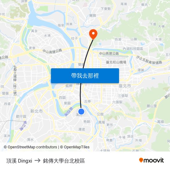 頂溪 Dingxi to 銘傳大學台北校區 map