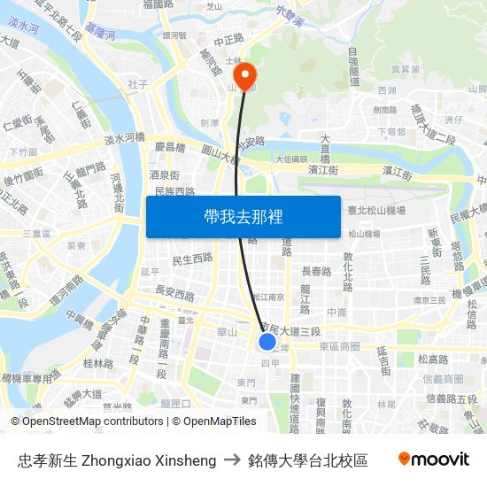忠孝新生 Zhongxiao Xinsheng to 銘傳大學台北校區 map