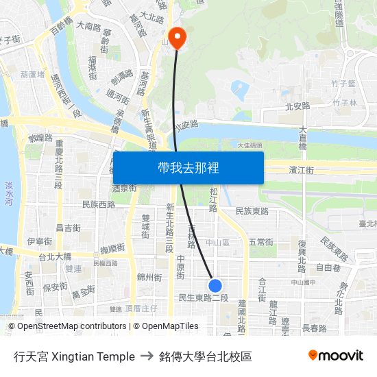 行天宮 Xingtian Temple to 銘傳大學台北校區 map