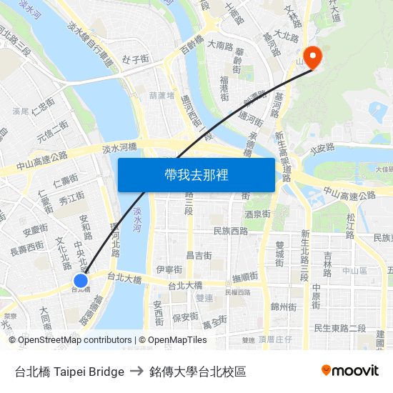 台北橋 Taipei Bridge to 銘傳大學台北校區 map