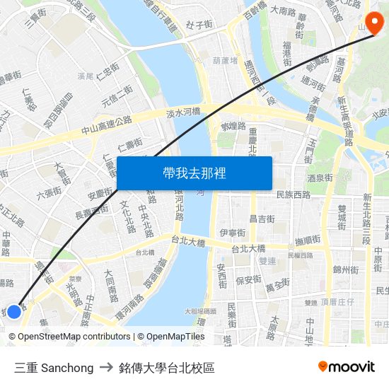 三重 Sanchong to 銘傳大學台北校區 map