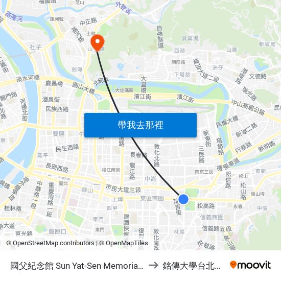 國父紀念館 Sun Yat-Sen Memorial Hall to 銘傳大學台北校區 map