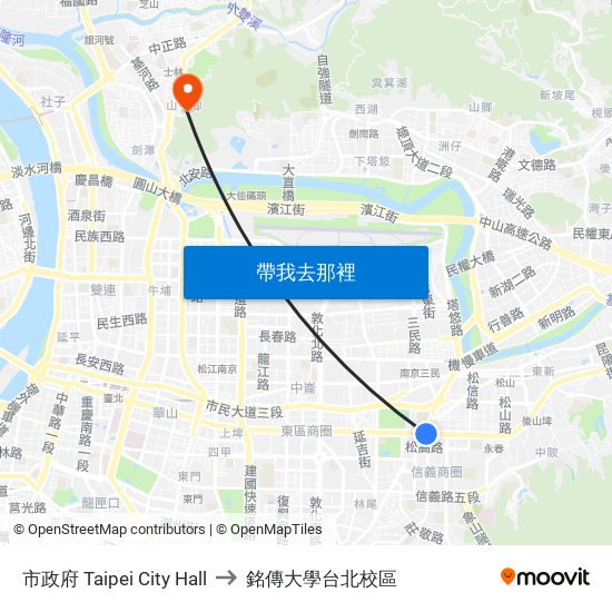 市政府 Taipei City Hall to 銘傳大學台北校區 map