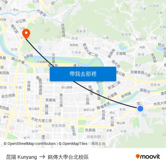 昆陽 Kunyang to 銘傳大學台北校區 map
