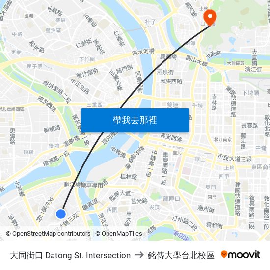 大同街口 Datong St. Intersection to 銘傳大學台北校區 map