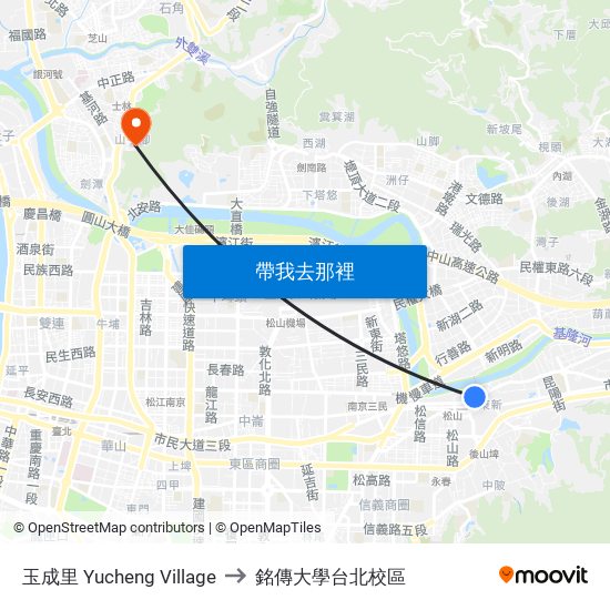 玉成里 Yucheng Village to 銘傳大學台北校區 map