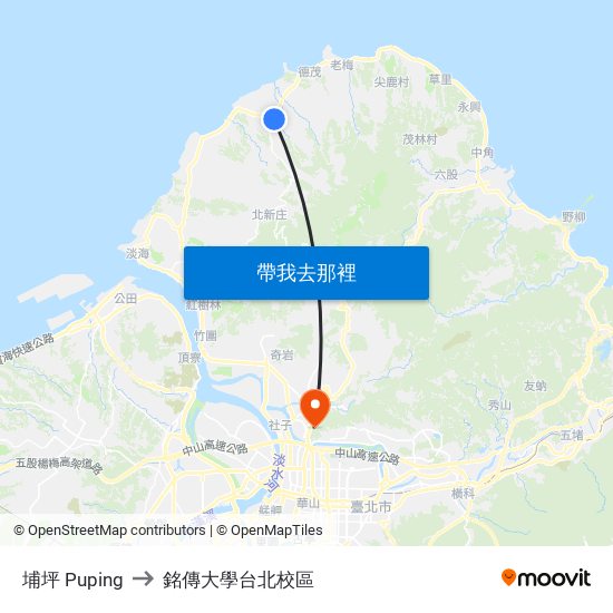 埔坪 Puping to 銘傳大學台北校區 map