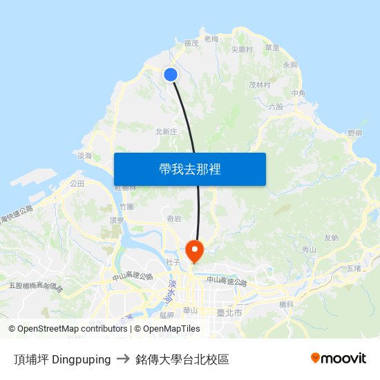 頂埔坪 Dingpuping to 銘傳大學台北校區 map