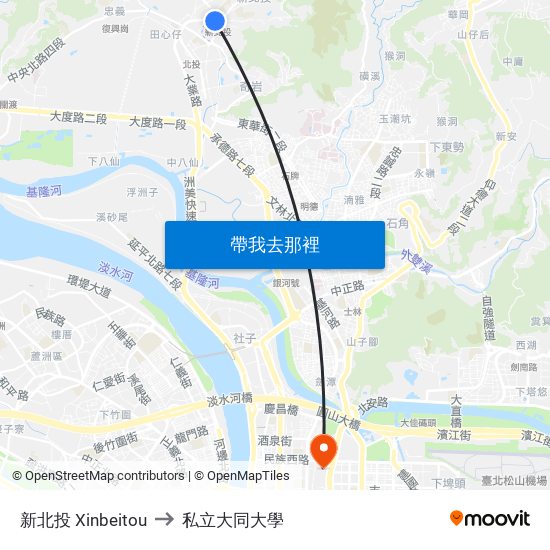 新北投 Xinbeitou to 私立大同大學 map