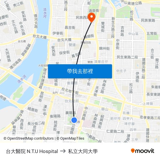台大醫院 N.T.U Hospital to 私立大同大學 map