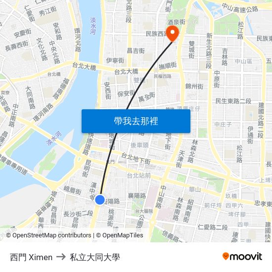 西門 Ximen to 私立大同大學 map