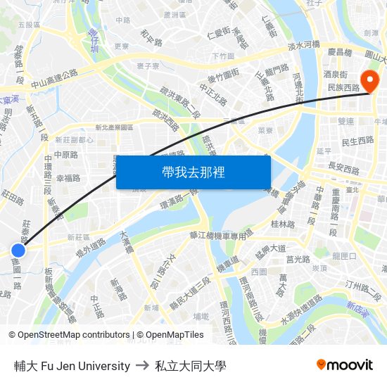 輔大 Fu Jen University to 私立大同大學 map