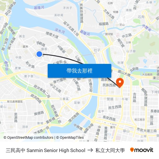 三民高中 Sanmin Senior High School to 私立大同大學 map