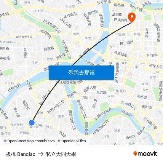 板橋 Banqiao to 私立大同大學 map