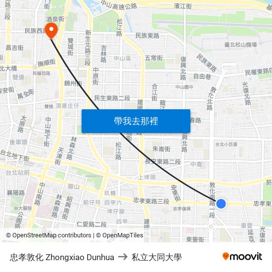 忠孝敦化 Zhongxiao Dunhua to 私立大同大學 map