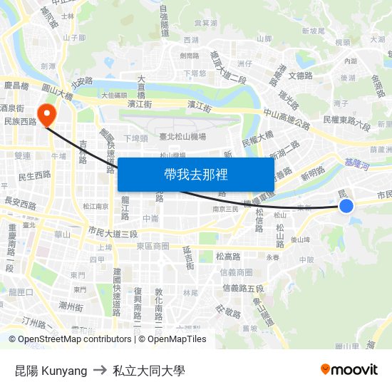 昆陽 Kunyang to 私立大同大學 map