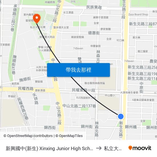 新興國中(新生) Xinxing Junior High School (Xinsheng) to 私立大同大學 map