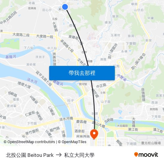 北投公園 Beitou Park to 私立大同大學 map