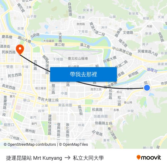 捷運昆陽站 Mrt Kunyang to 私立大同大學 map