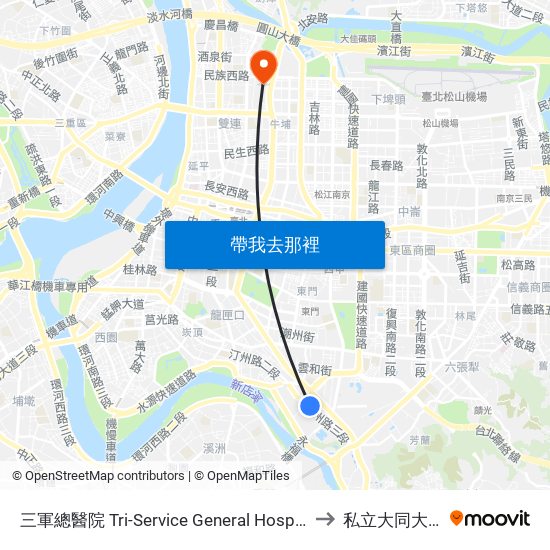 三軍總醫院 Tri-Service General Hospital to 私立大同大學 map